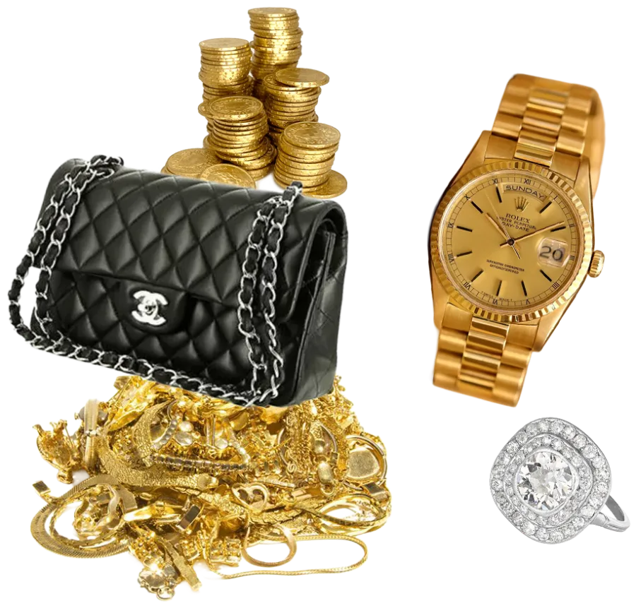 Designertasche, Goldmünzen, Goldschmuck, Luxusuhr und Diamantring